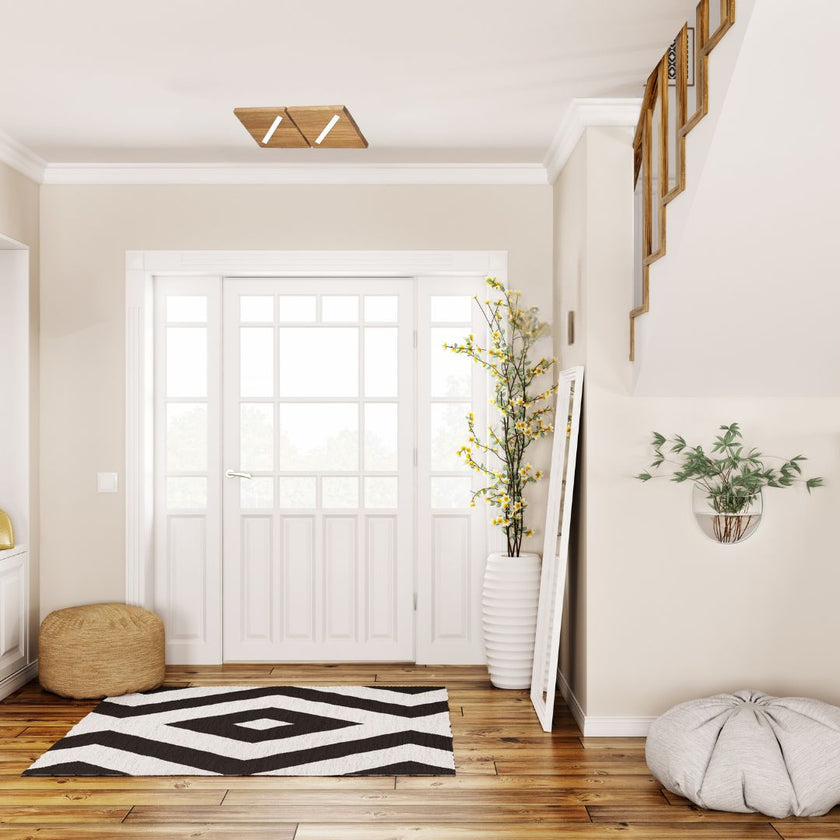 Deckenleuchte aus Asteiche geölt, Modell Liam, 2-flammig LED, Metall schwarz gepulvert, dimmbar, 430mm x 210mm x 44mm, Milieubild im Flur, Leuchte hängt an Decke