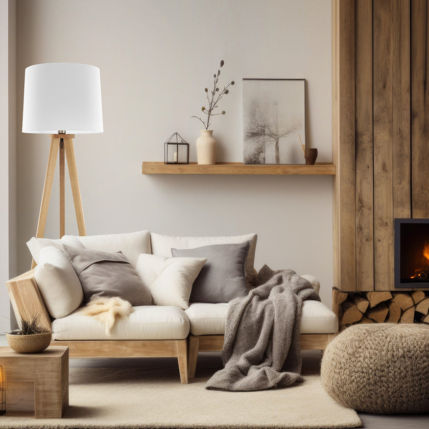 Stehleuchte aus Asteiche geölt, Modell Elli, weißer Schirm, Dreibein, Kabel in einem Fuß, Milieubild im Wohnzimmer, Leuchte steht neben/hinter Sofa