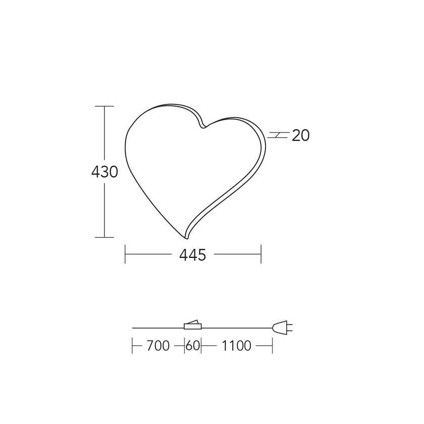 Wandleuchte Modell HerzBlut Herz, midi, technische Zeichnung 